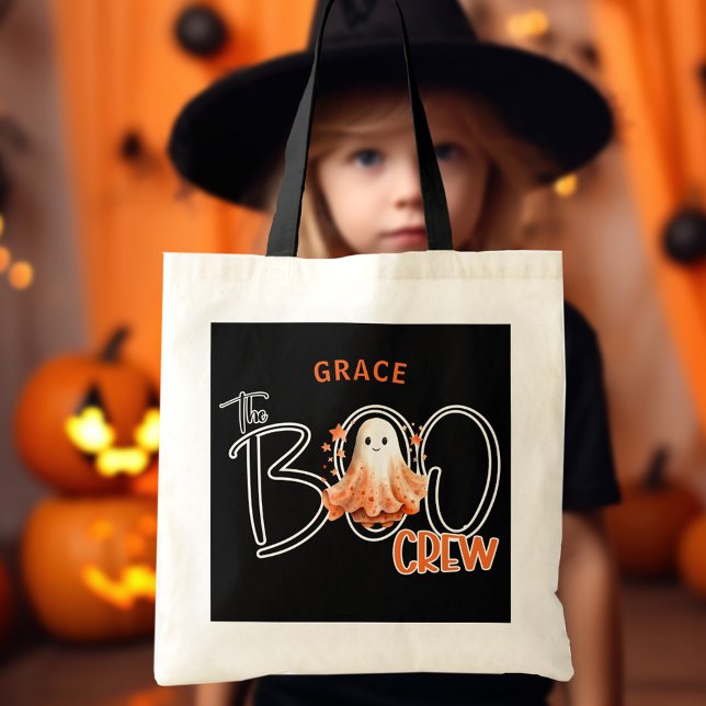 Bolsa Tote A Tripulação Negra - Saco de Tote do Dia das Bruxa (The Boo Crew Name Black Orange Halloween Tote Bag)