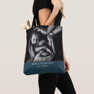 Bolsa Tote 'A Vida de Mãe Começa' Chá de Bebê, Aniversário, D