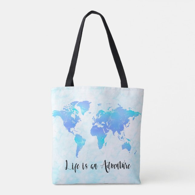 Bolsa Tote A Vida do Mapa do Mundo Roxo e Azul é uma aventura (Verso)