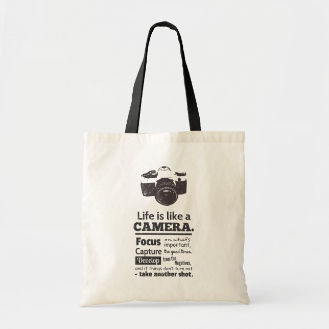 Bolsa Tote A vida é como uma citação de câmera, Black Grunge (Frente)