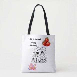 Bolsa Tote A Vida é Doce Gatinho Fofo e Morango Aniversário t