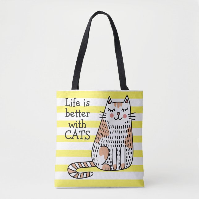 Bolsa Tote A Vida É Melhor Com Gatos Doodle (Frente)