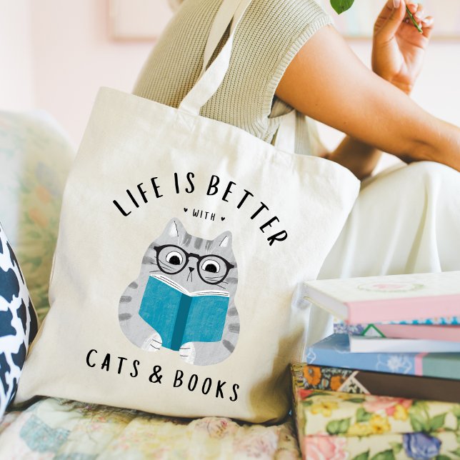 Bolsa Tote A vida é melhor com gatos e livros (Criador carregado)