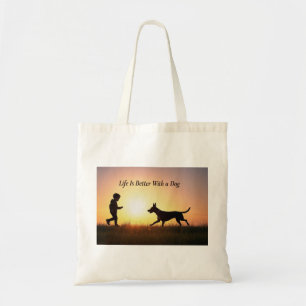 Bolsa Tote A vida é melhor com o cão, o menino e o sol