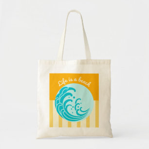 Bolsa Tote A vida é uma praia Turquesa Blue Wave Yellow Strip