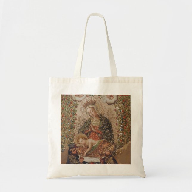 Bolsa Tote A Virgem Adorando o Natal da Criança Cristo (Frente)