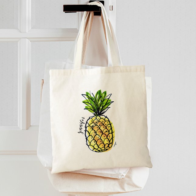 Bolsa Tote Abacaxi Aquarela Personalizado (Watercolor Pineapple Personalized Tote Bag)