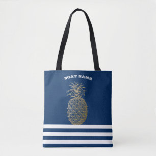 Bolsa Tote Abacaxi Dourado Náutico Azul Marinho Listrado  