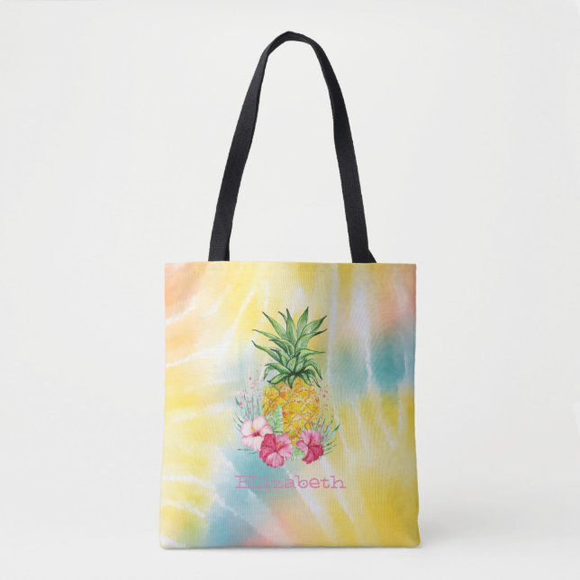 Bolsa Tote Abacaxi,Hibiscus Aquarela Arco-Íris Tie Tye (Frente)