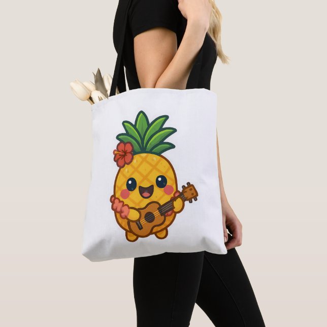 Bolsa Tote Abacaxi Kawaii sorridente - Tropical (Close Up)