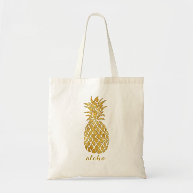Bolsa Tote abacaxi-ouro tropical aloha hawaitiano (Frente)