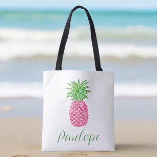 Bolsa Tote Abacaxi Rosa Preppy Tropical Personalizado 