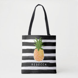 Bolsa Tote Abacaxi Tropical Fashionável, Black White Stripes
