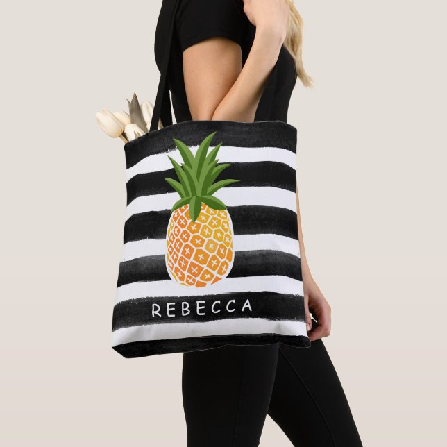 Bolsa Tote Abacaxi Tropical Fashionável, Black White Stripes (Close Up)