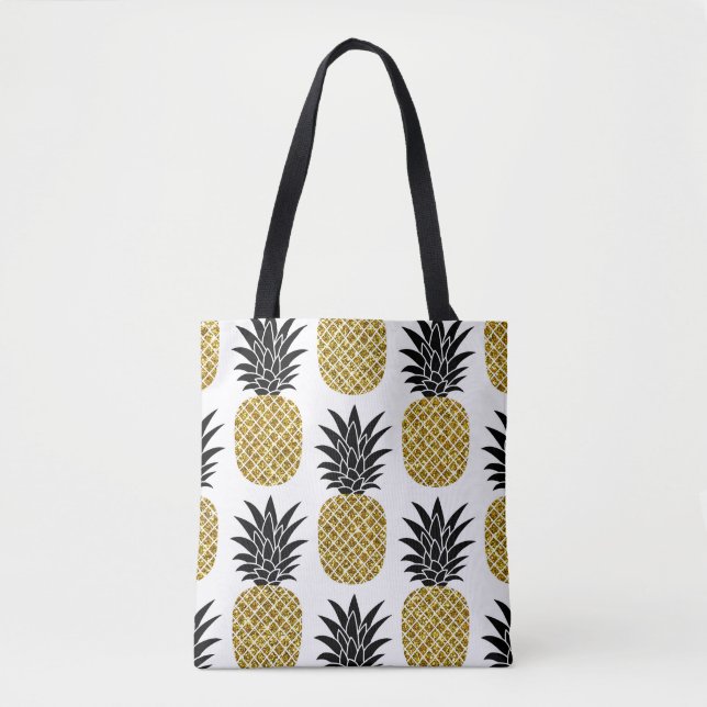 Bolsa Tote Abacaxis Dourados: Branco Desenhado À Mão Sem Cost (Frente)