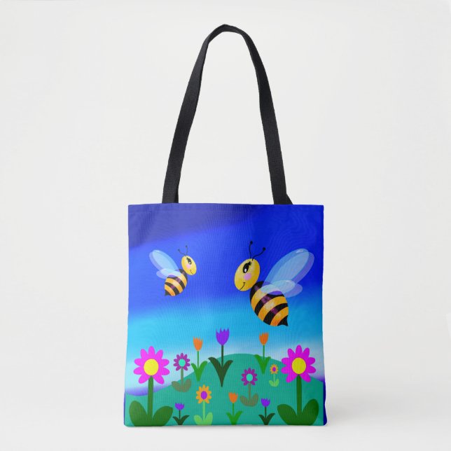 Bolsa Tote Abehas felizes em um campo de flores (Frente)