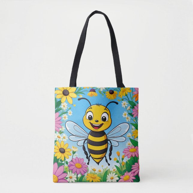 Bolsa Tote Abeja Desenho Animado Flores Coloridas  (Frente)