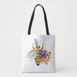 Bolsa Tote Abeja flor com plantas silvestres