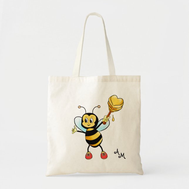 Bolsa Tote Abeja Melífera Fofa com Coração & Monograma (Frente)