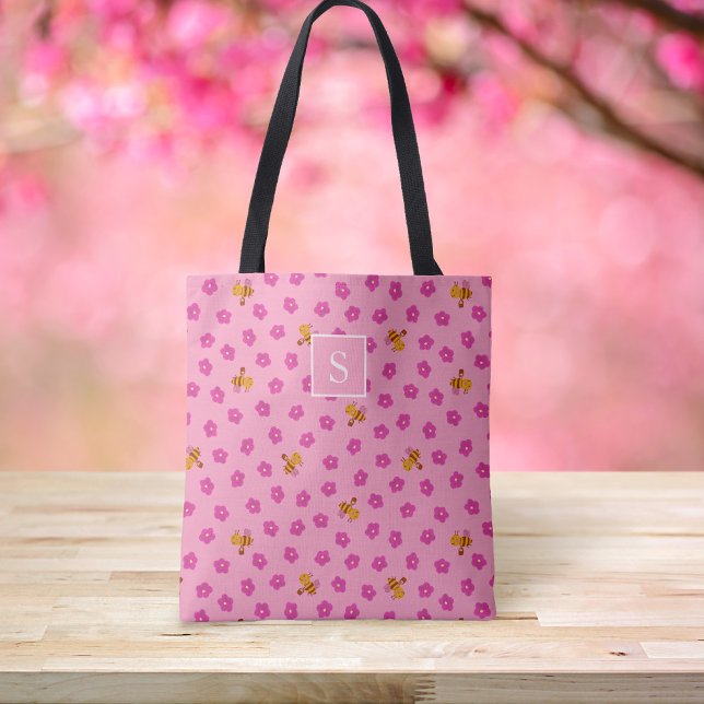 Bolsa Tote Abelhas bonitas e flores Padrão monograma rosa (Criador carregado)