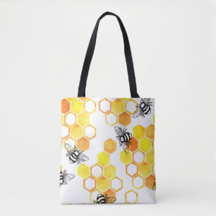 Bolsa Tote Abelhas de Mel: Padrão Amarelo de Aquarela