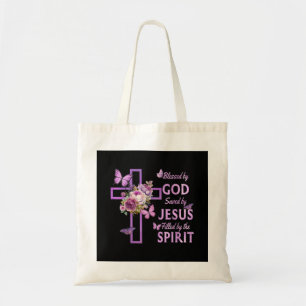 Bolsa Tote Abençoado por Deus Salvo pela Cruz Floral Purple d