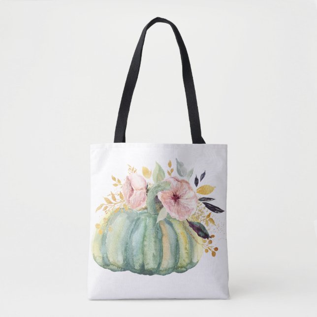Bolsa Tote Abóbora azul queda floral aquarela outono elegante (Frente)