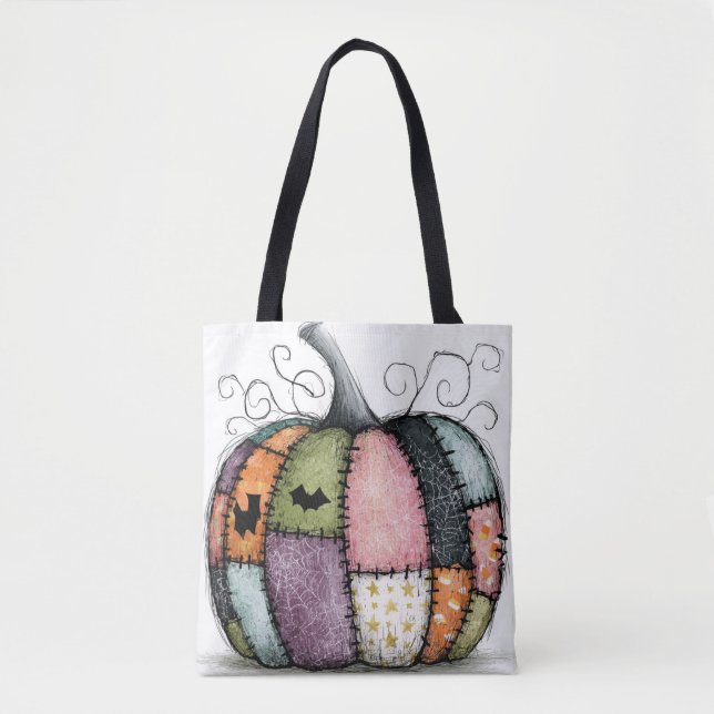 Bolsa Tote Abóbora Branca de Patchwork Caprichoso de Hallowee (Frente)