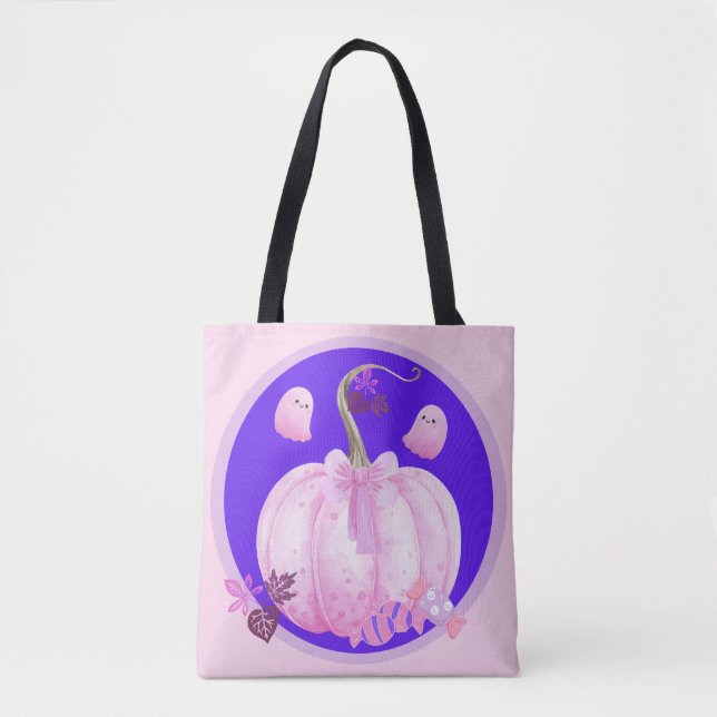 Bolsa Tote Abóbora Coquete de Halloween Rosa com Fantasmas (Frente)