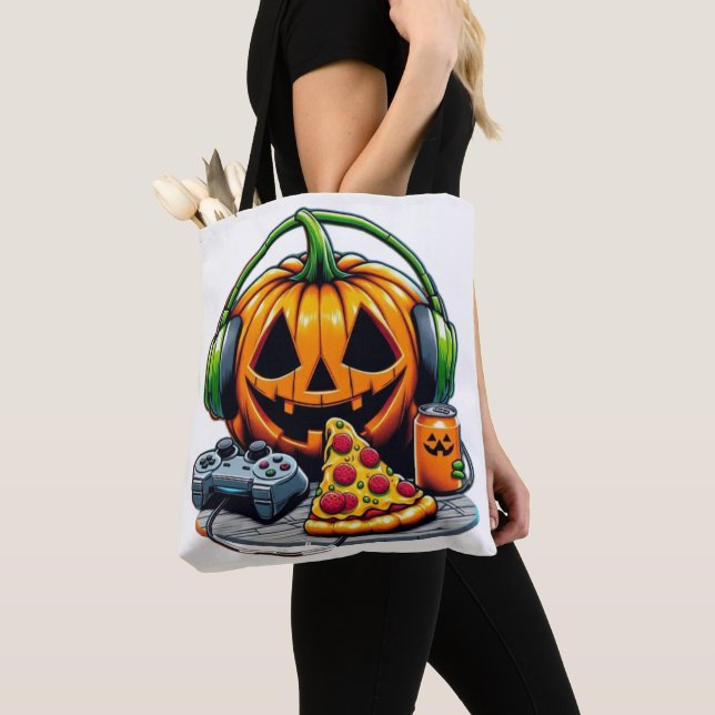 Bolsa Tote Abóbora de Halloween com Fones de ouvido e Jogos? (Close Up)