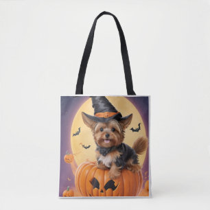 Bolsa Tote abóbora de halloween com yorkshire terrier