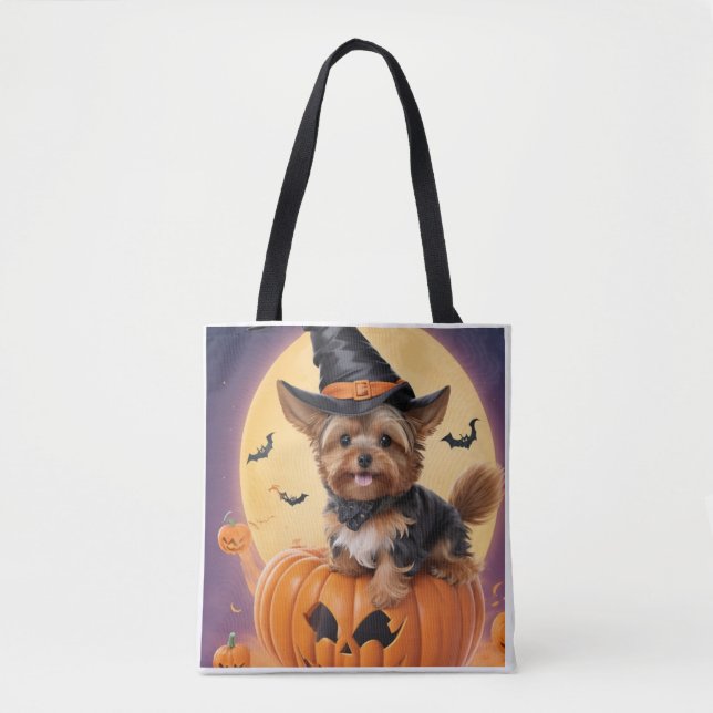 Bolsa Tote abóbora de halloween com yorkshire terrier (Frente)