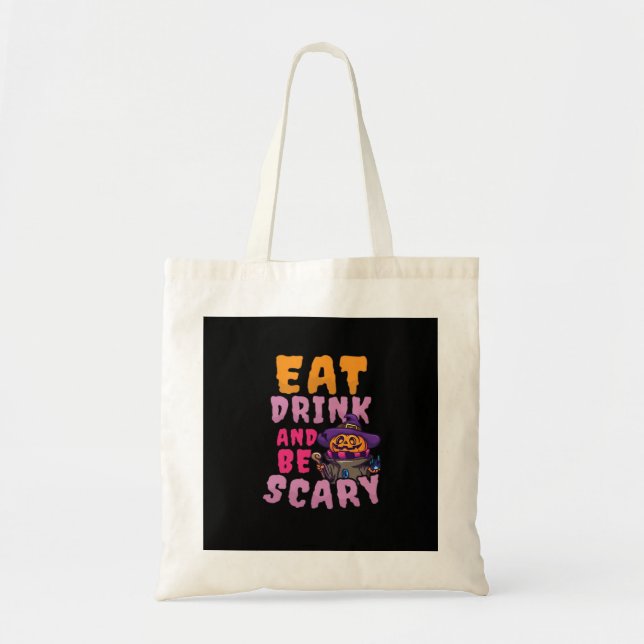 Bolsa Tote Abóbora de Halloween Coma Beba Seja Assustador (Frente)