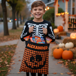 Bolsa Tote Abóbora de Halloween Laranja e Xadrez Preto Nome