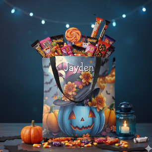 Bolsa Tote Abóbora de Halloween Rosa e Azul Personalizada
