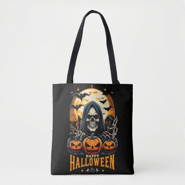 Bolsa Tote Abóbora Lanterna Caveira Morcegos Halloween Assust (Frente)