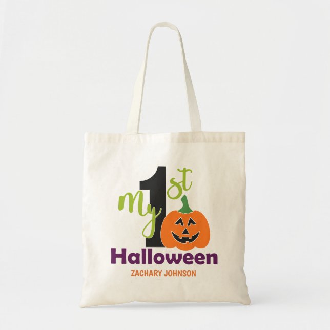Bolsa Tote Abóbora Laranja Roxa Personalizada Primeiro Hallow (Frente)