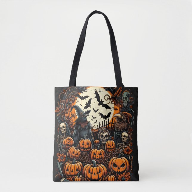 Bolsa Tote Abóbora Patch Crow Witch & Skeleton Crew Halloween (Frente)