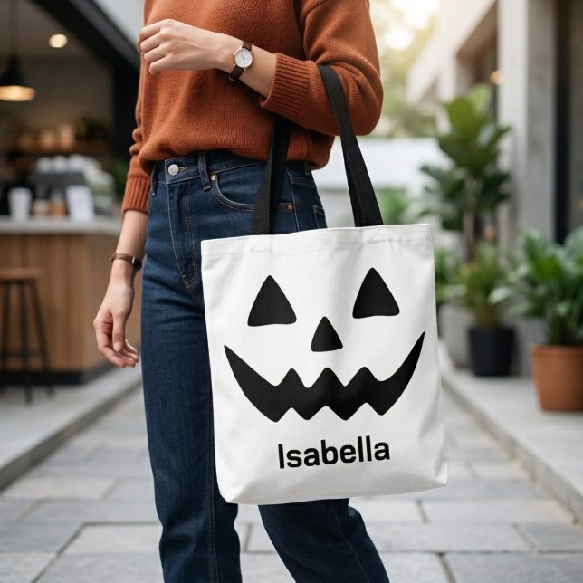 Bolsa Tote Abóbora Personalizada de Halloween com Rosto de Ja (Criador carregado)