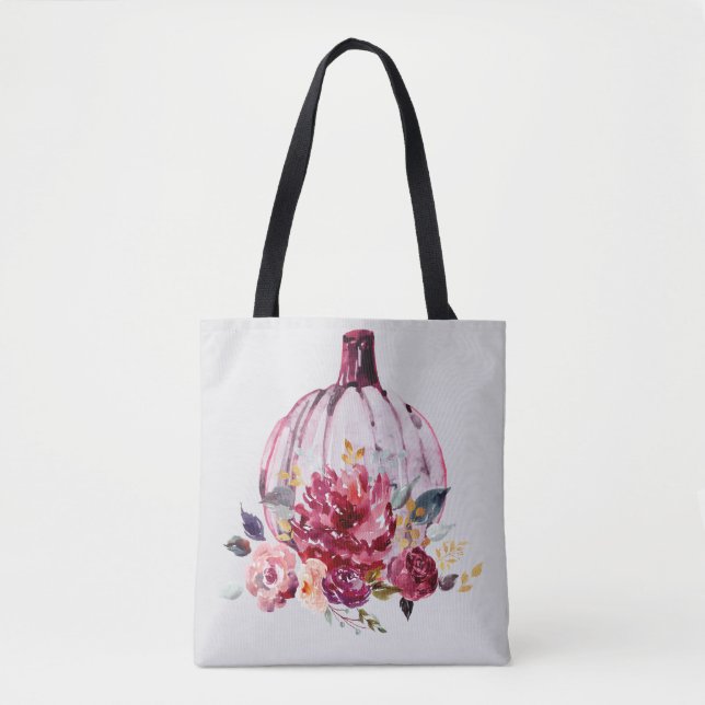 Bolsa Tote Abóbora rosa cai flores florais de aquarela outono (Frente)