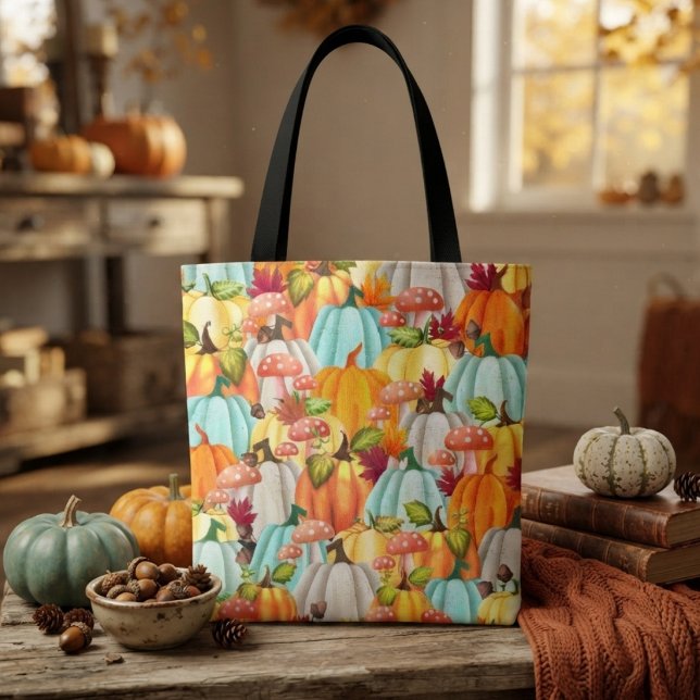 Bolsa Tote Abóboras Divertidas Cogumelos E Folhas de Outono  (Criador carregado)