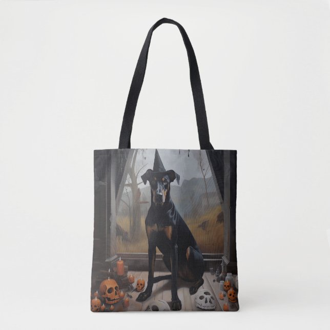 Bolsa Tote Abóboras Doberman Halloween Assustador (Frente)