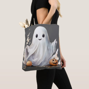 Bolsa Tote Abóboras Fantasmas Super Fofas Cinza Halloween