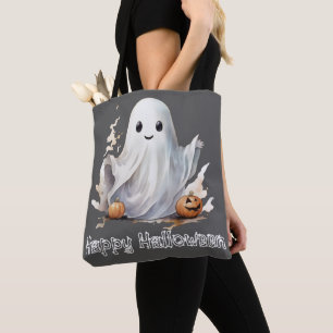 Bolsa Tote Abóboras Fantasmas Super Fofos Cinza Feliz Hallowe
