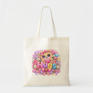 Bolsa Tote Abrace Fofo Kawaii Urso de Pelúcia Rosa Pastel Flo