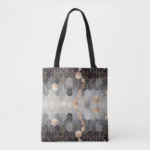 Bolsa Tote Abstração geométrica de hexágonos em preto e w