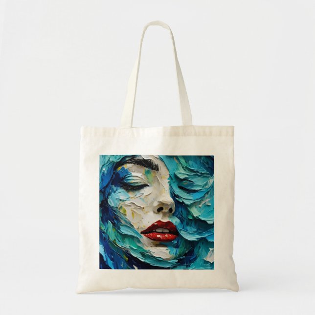 Bolsa Tote Abstract art painting female face ocean waves (Frente)
