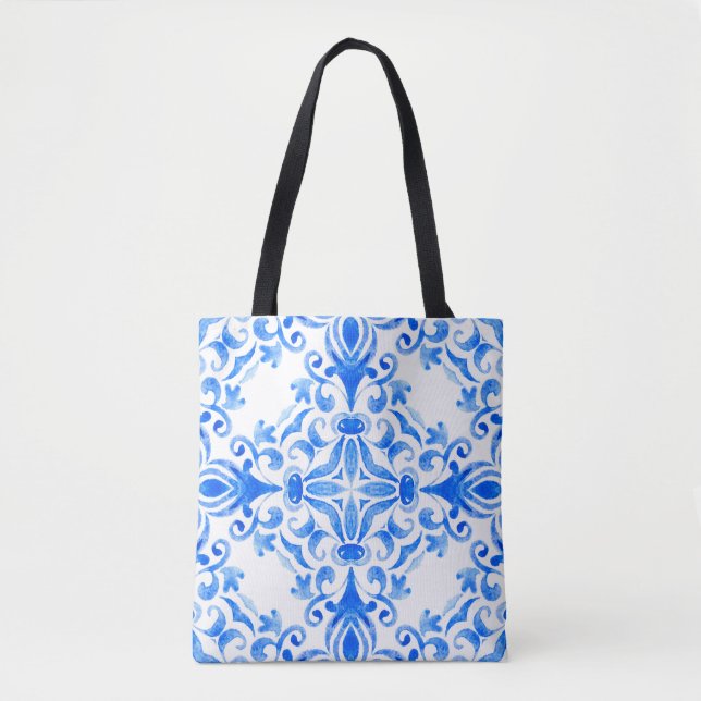 Bolsa Tote Abstract blue and white hand drawn tile seamless o (Frente)