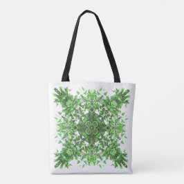 Bolsa Tote Abstract Floral Pattern In Black & Green On White