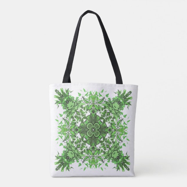 Bolsa Tote Abstract Floral Pattern In Black & Green On White (Verso)